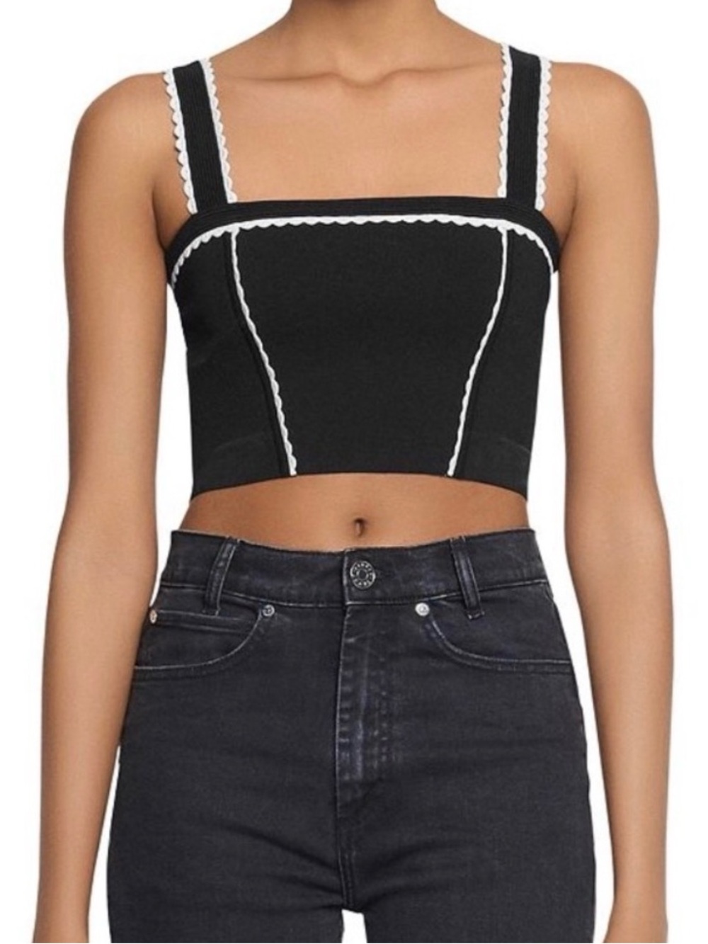 Sandro Black Cropped Square-Neck Tank with White Tri